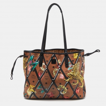 Pre Owned MCM Cognac/Black Visetos Coated Canvas and Leather Shopper Tote