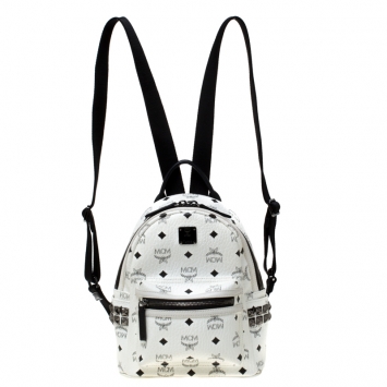 Pre Owned MCM White/Black Signature Leather Stark Side Studs Bebe Boo Backpack 