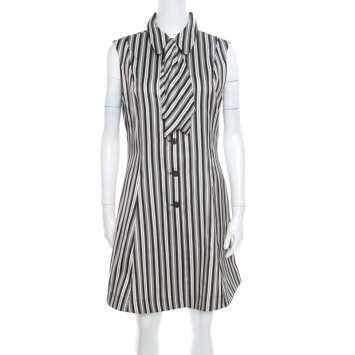 Pre Owned McQ by Alexander McQueen Monochrome Striped Detachable Neck Tie Detail Sheath Dress L