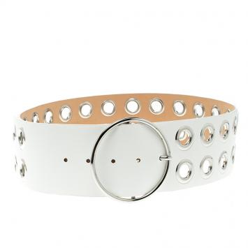 Pre Owned McQ by Alexander McQueen White Leather Circle Buckle Belt XXL