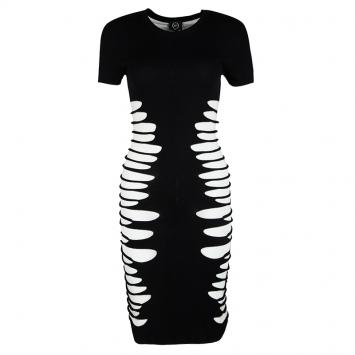 Pre Owned McQ By Alexander McQueen Monochrome Knit Cut Out Detail Short Sleeve Dress S