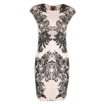Pre Owned McQ By Alexander McQueen Peach Lace Print Cap Sleeve Bodycon Dress S
