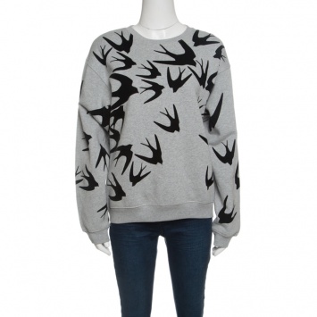 Pre Owned McQ By Alexander McQueen Grey Flocked Swallow Sweatshirt S