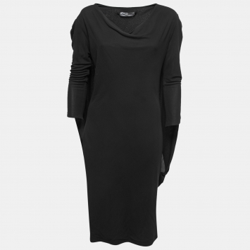 Pre Owned McQ by Alexander McQueen Black Jersey Draped Cape-Effect Midi Dress L