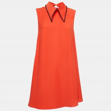 Pre Owned McQ by Alexander McQueen Orange Embellished Collar Cady Flared Dress M