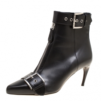 Pre Owned Alexander McQueen Black Leather Double Buckle Pointed Toe Ankle Boots Size 36.5 
