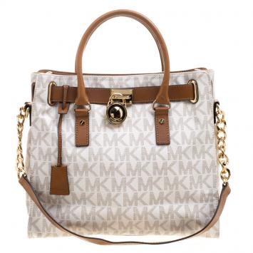Pre Owned Micheal Kors White/Brown Leather Hamilton Satchel
