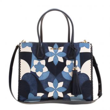 Pre Owned Michael Kors Navy Blue Leather & Suede Mercer Floral Patchwork Tote