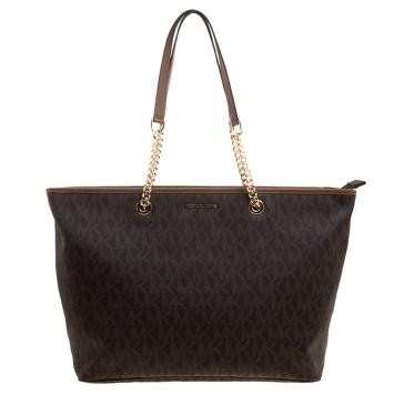 Pre Owned Michael Kors Brown Signature Canvas Jet Set Travel Chain Tote