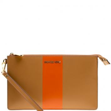 Pre Owned Michael Kors Tan/Orange Leather Large Center Stripe Daniela Wristlet