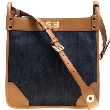 Pre Owned Michael Kors Navy Blue/Tan Denim and Leather large Sullivan North South Messenger Bag