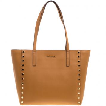 Pre Owned Michael Kors Tan Leather Rivington Studded Tote