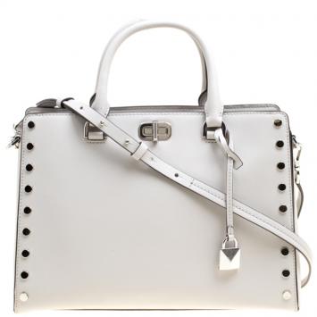 Pre Owned Michael Kors Light Grey Leather Large Sylvie Studded Satchel