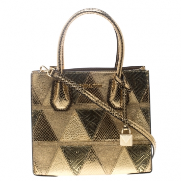 Pre Owned Michael Kors Gold Embossed Leather Patch Mercer Tote