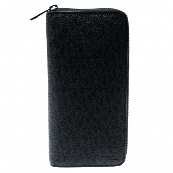 Pre Owned Michael Kors Black Signature Coated Canvas Zip Around Wallet