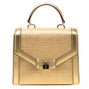 Pre Owned Michael Kors Gold Straw and Leather XS Kinsley Top Handle Crossbody Bag