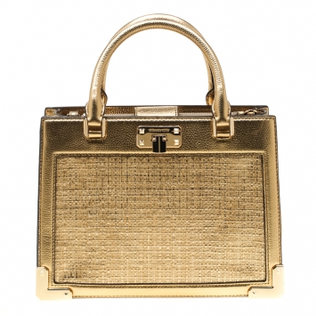 Pre Owned Michael Kors Gold PVC and Leather Medium Kinsley Accordion Satchel 