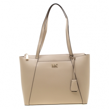 Pre Owned Michael Kors Beige Leather Medium Maddie East/West Top Zip Tote       