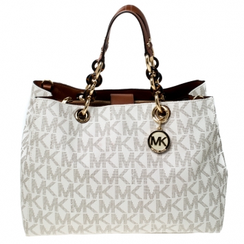 Pre Owned MICHAEL Michael Kors Off White Coated Canvas Cynthia Tote
