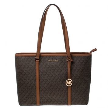 Pre Owned Michael Kors Brown/Tan Large Coated Canvas Sady Tote 