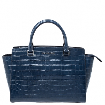 Pre Owned Michael Kors Navy Blue Crocodile Embossed Leather Selma Tote