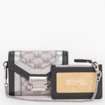 Pre Owned Michael Kors Silver Polyester and Cotton Whitney Small Metallic Logo Jacquard Chain Wallet