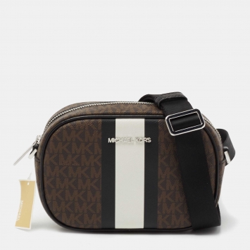 Pre Owned Michael Kors Brown Signature Coated Canvas And Leather Small Striped Jet Set Travel Crossbody Bag