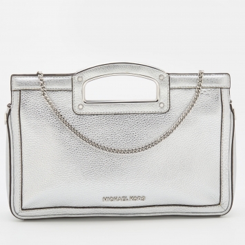 Pre Owned Michael Kors Silver Leather Berkley Chain Clutch