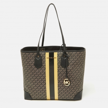 Pre Owned Michael Kors Black/Gold Signature Coated Canvas and Leather Eva Tote