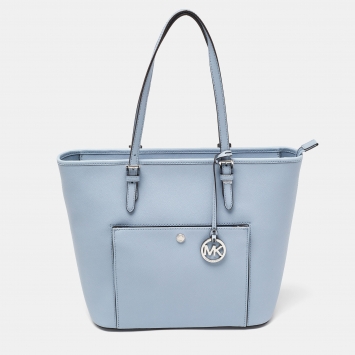 Pre Owned Michael Kors Blue Leather Jet Set Snap Pocket Tote