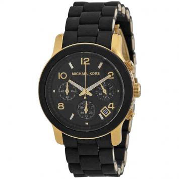 Pre Owned Michael Kors Black PVC and Yellow Gold Plated Steel Runway MK5191 Women's Wristwatch 38MM