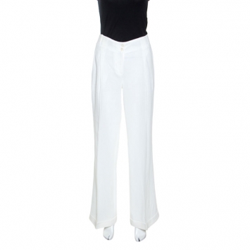 Pre Owned Michael Kors Optic White Linen Wide Leg Trousers S 