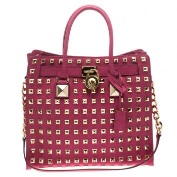 Pre Owned Michael Kors Pink Leather Large Studded Hamilton Tote