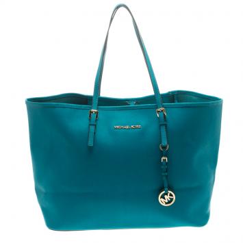 Pre Owned Michael Kors Teal Blue Saffiano Leather Jet Set Shopping Tote