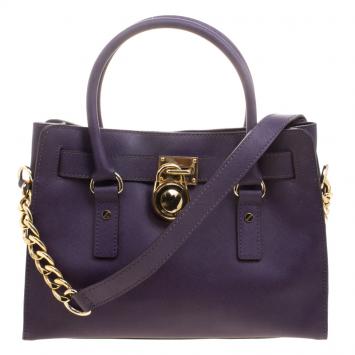 Pre Owned Micheal Kors Purple Leather East/West Hamilton Satchel