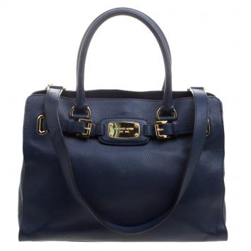 Pre Owned Michael Kors Navy Blue Leather East West Hamilton Tote