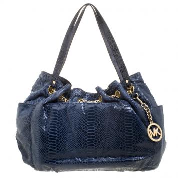 Pre Owned Michael Kors Blue Python Embossed Leather Jet Set Chain Tote