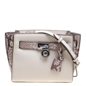 Pre Owned Michael Kors White/Grey Leather and Python Embossed Hamilton Messenger Bag
