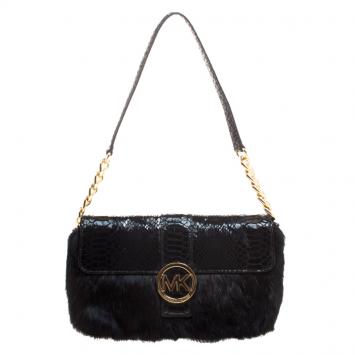 Pre Owned Michael Kors Black Fur and Python Embossed Leather Shoulder Bag