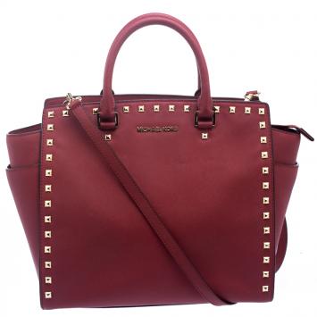 Pre Owned Michael Kors Red Leather Medium Selma Studded Tote