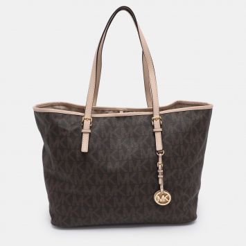 Michael Kors Brown Signature Coated Canvas Jet Set Travel Tote