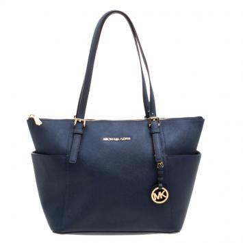 Pre Owned Michael Kors Navy Blue Saffiano Leather Top-zip Jet Set Tote