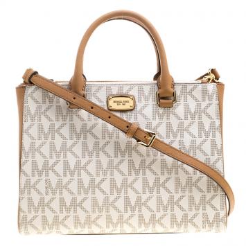 Pre Owned Michael Kors Off White/Brown Signature Coated Canvas Kellen Top Handle Bag
