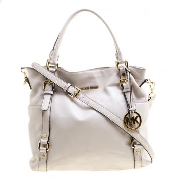 Pre Owned Michael Kors Off White Leather Buckle Strap Convertible Tote