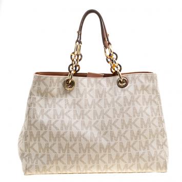 Pre Owned Michael Kors Off White Canvas Cynthia Tote