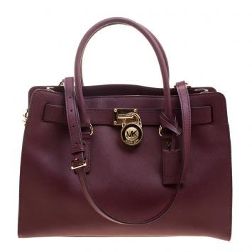 Pre Owned Michael Kors Burgundy Leather East West Hamilton Tote
