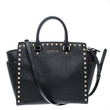 Pre Owned Michael Kors Black Leather Medium Selma Studded Tote