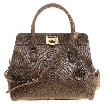 Pre Owned Michael Kors Brown Python Embossed Leather Tote