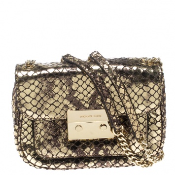 Pre Owned Michael Kors Metallic Gold Python Embossed Leather Small Sloan Shoulder Flap Bag
