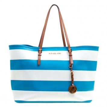 Pre Owned Michael Kors Summer Blue/White Striped Leather Jet Set Travel Tote